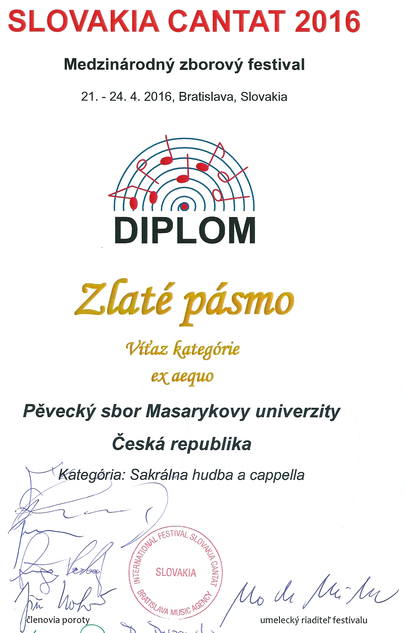 160423 Bratislava Slovakia Cantat 2016 - zlaté pásmo duchovní hudba